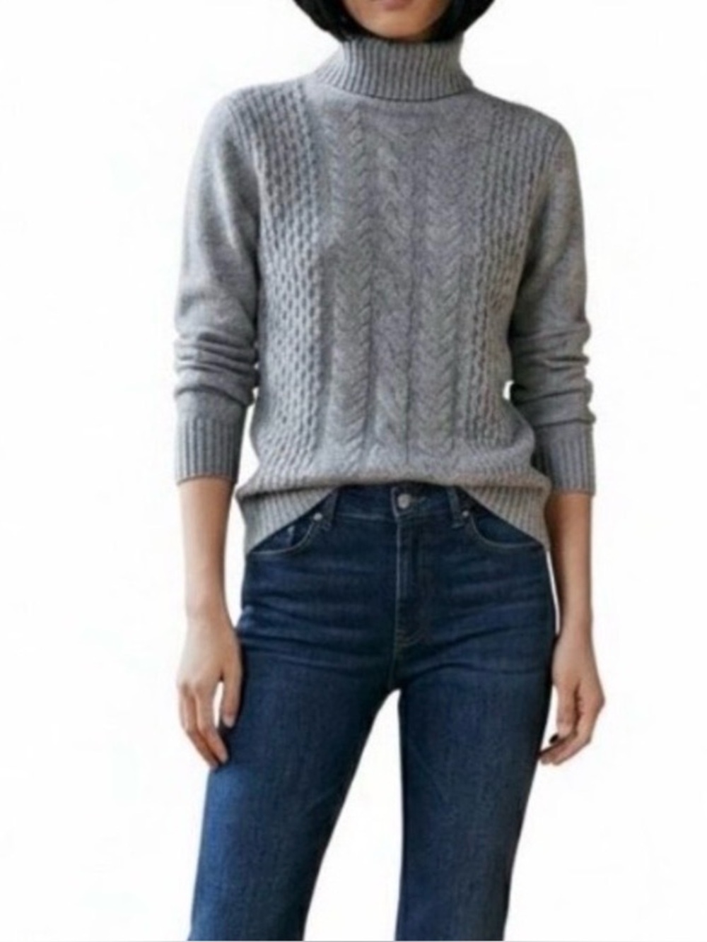 MASSIMO DUTTI Wool Blend Cable Knit Turtleneck Sweater Medium Grey Made in Italy